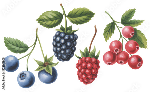 Hand painted watercolor set of mixed berries isolated on white background.
