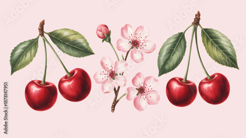 Watercolor set of red cherries and soft pink blossoms on white background.
