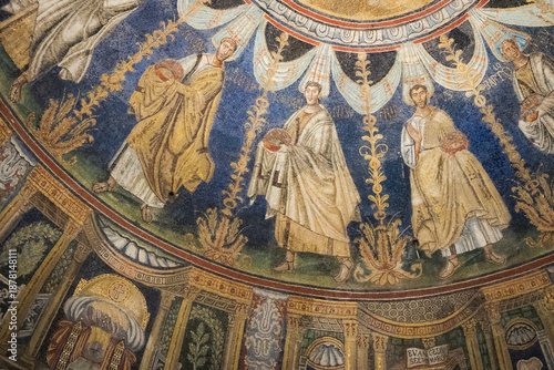 Detailed mosaic of early Christian figures in gold robes with gifts, set on a blue and gold domed church interior.