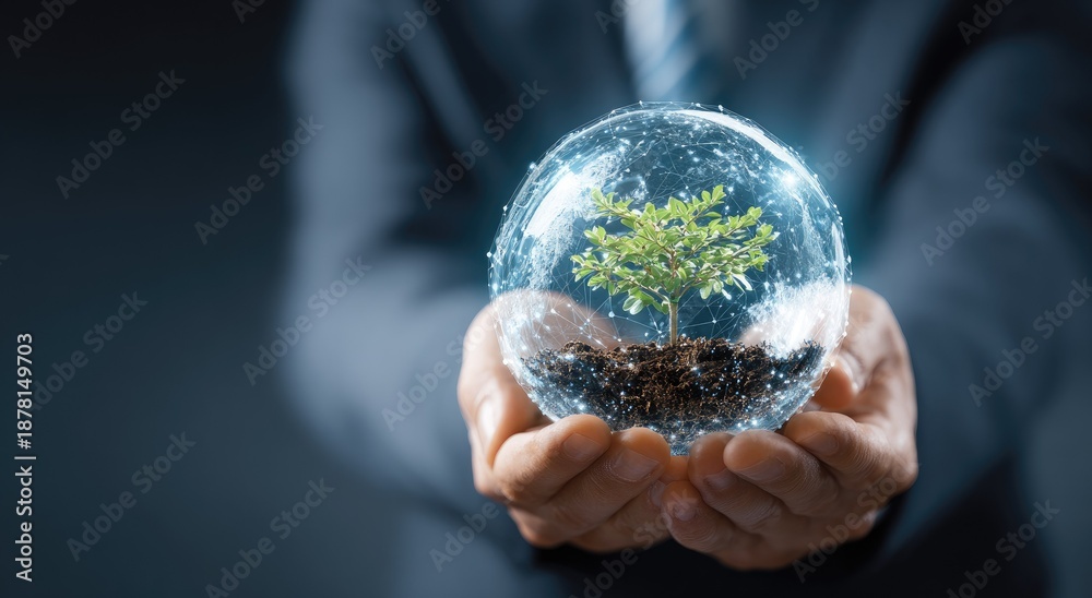 Fototapeta premium Hands holding a glowing orb with a tree inside concept for environment