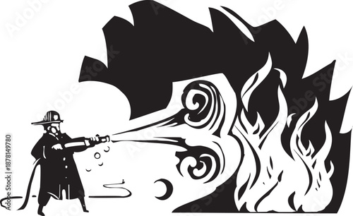 Woodcut Fireman and Fire