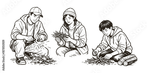 Illustration of three people preparing a campfire. Camping, survival skills, and outdoor activity concept. Vector illustration.