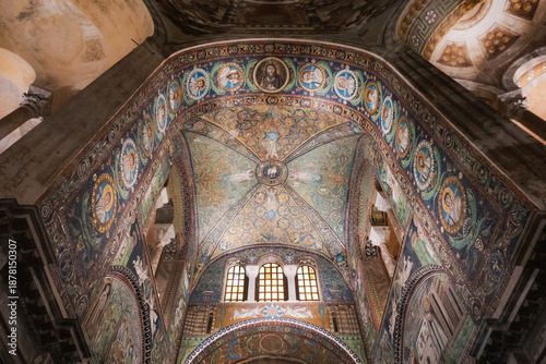 Interior of the Basilica di San Vitale in Ravenna, Italy, showing the apse and dome with 6th-century Byzantine mosaics.
