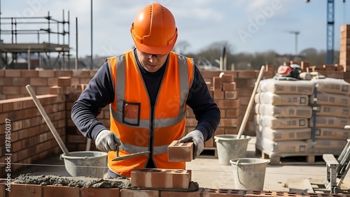 Bricklayer in orange hi-viz laying brick on building site