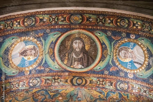 Byzantine mosaic of Jesus Christ, inside the Basilica di San Vitale, Ravenna, Italy