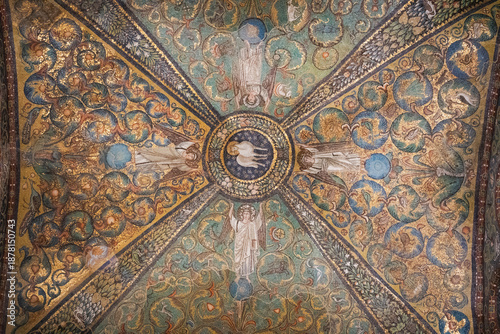 Detail of the 6th-century mosaic of the Lamb of God (Agnus Dei) in the Basilica di San Vitale, Ravenna, Italy.