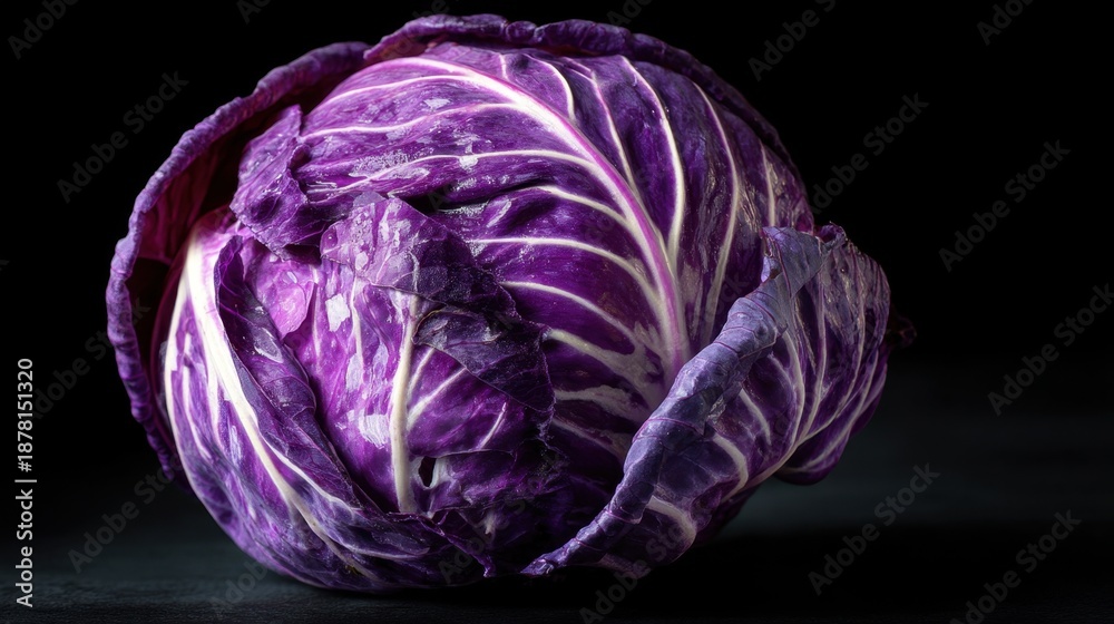 Fototapeta premium A whole purple cabbage is placed on a dark surface with soft lighting highlighting its texture and color. The setting suggests a kitchen space possibly for meal preparation.