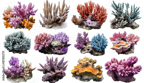 Variety of Colorful Coral Reefs on White Background