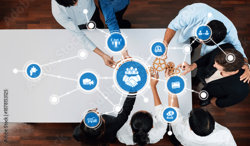 Foto Professionals collaborate in a modern office setting, integrating technology and innovative strategies to enhance business partnerships and drive growth through teamwork
