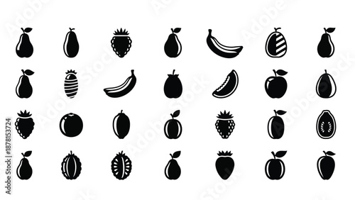 Collection of black fruit silhouettes on white background Vector, illustration