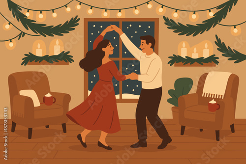 Couple above twirling floor winter vector dance walls romantic nearby falling illustration