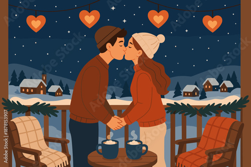 Vector mugs illustration cocoa romantic nearby winter decorating holding lanterns below balcony