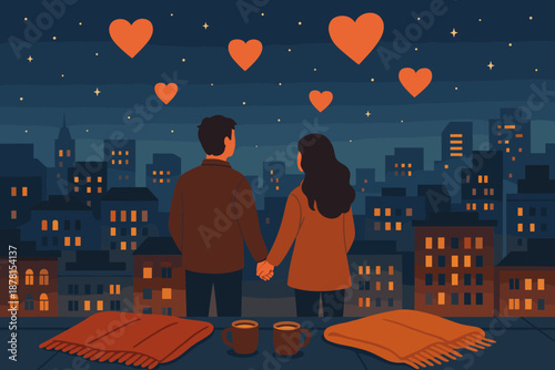 Illustration romantic lit vector city lanterns scene rooftop mugs view urban lights