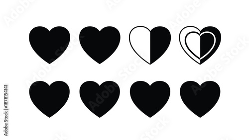 Set of red and pink heart icons in a vector illustration design for Valentine's Day romance decoration featuring shiny holiday shapes and love symbols on a white background