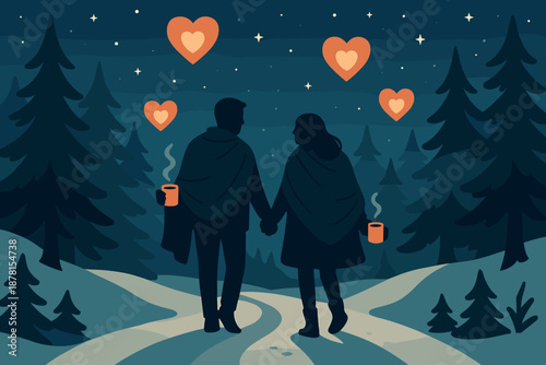 Romantic vector wrapped couple illustration around winter above stroll cozy snowy night