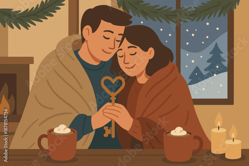 Vector while pine winter embrace them warm nearby illustration indoors scene falling
