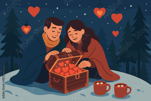 Filled chest scene hill love trees cozy illustration vector treasure mugs winter