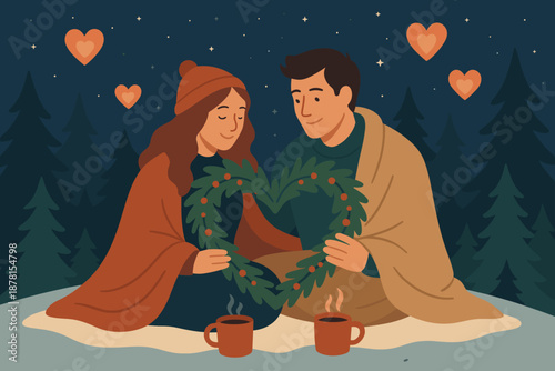 Outside romance couple large winter cozy holding vector indoors wrapped nearby illustration