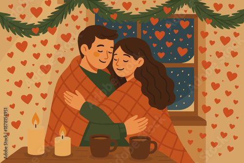 Blankets embrace draped romantic vector illustration scene hug winter candles cocoa them