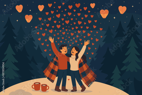 Vector winter trees as heartfelt illustration them romance hill reaching night lanterns