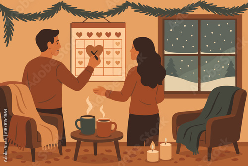 Blankets snow draped romantic interior calendar vector illustration winter cocoa panoramic petals