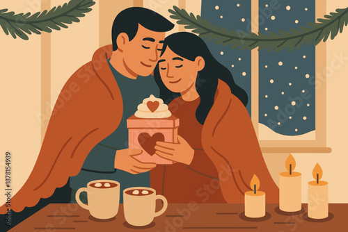 Snow softly couple winter vector pine love indoors cozy romantic illustration decorating