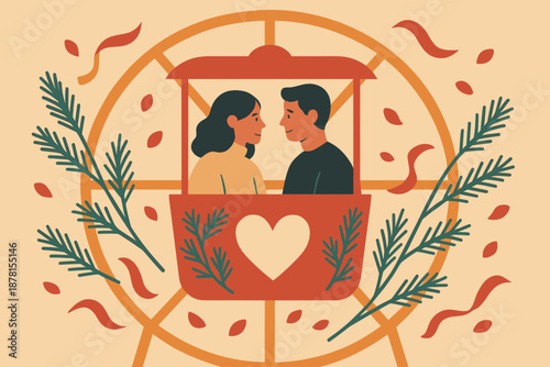 Flat rose ferris vector cozy wheel romantic scene branches illustration