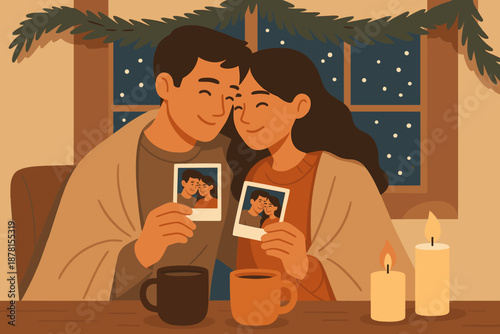 Illustration nearby window romantic vector together cozy couple candles blankets softly winter