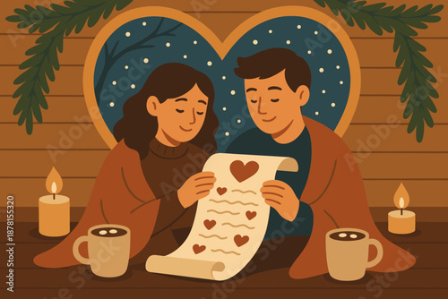 Cocoa snow love vector romance nearby cozy candles illustration winter scene glowing