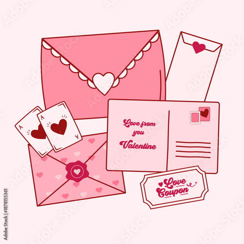 Valentine's Day Envelopes, Love Letters, Postcards, Coupon, and Playing Cards