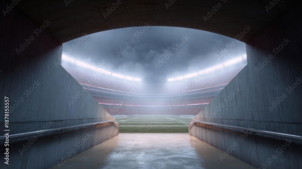 Fototapeta premium Long, narrow tunnel with a view of a football stadium. the tunnel appears to be made of concrete and has a concrete floor at the bottom.