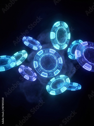 Digital casino chips float in dark space with glowing blue and green lights
