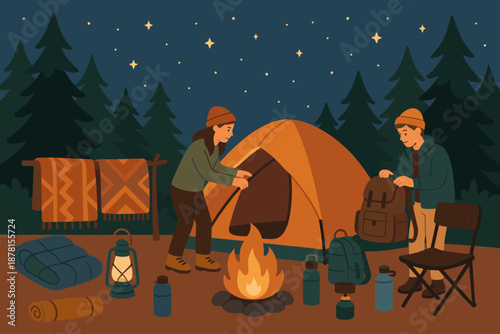 Portable camping gear blankets setup water starry including vector above illustration couple