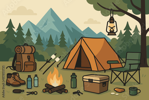 Camping sticks vector boots scene essentials water tent personal hanging scattered illustration