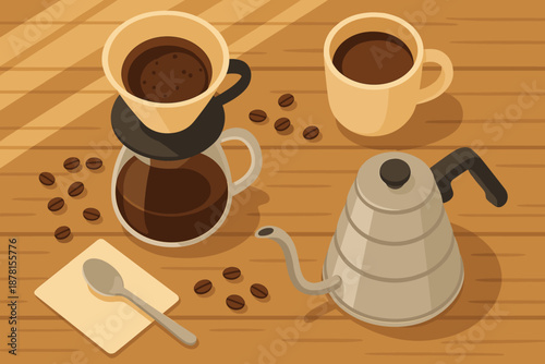 Small brewing kitchen including cozy coffee kettle setup illustration dripper scattered vector