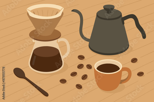 Flat cozy illustration scattered cup minimalist wooden vector surface coffee ritual