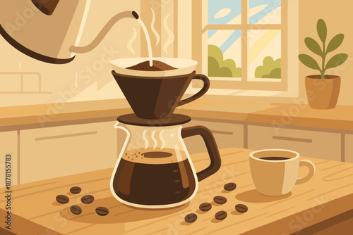 Brewing wooden hot sunlight kitchen steaming small coffee beans vector illustration scene