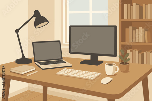 Notebooks letting keyboard illustration home office light minimalist bookshelves mouse potted organized