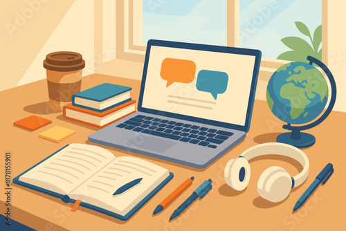 Notebook illustration desk bright language cup open study globe textbooks vector environment