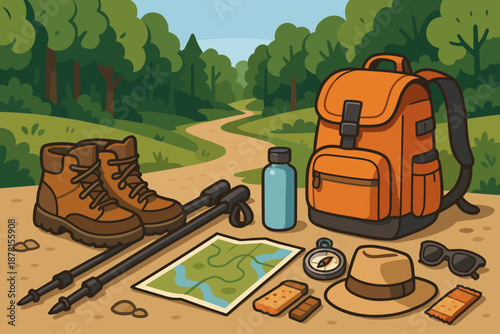 Gear sunlight ready vector hiking sunglasses illustration highlighting map trekking neatly forest