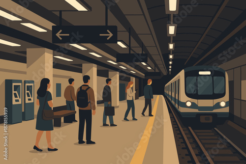 Subway vector ticket illustration details scene platform machines lights station benches arrival