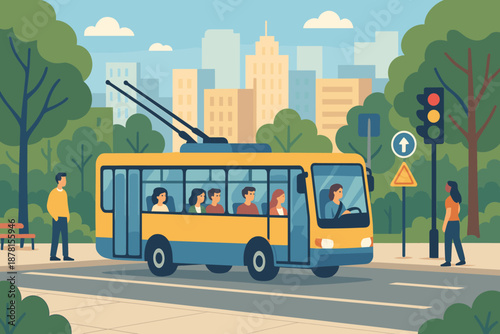 Vector passengers day people along street illustration trolleybus waiting signs sunny inside