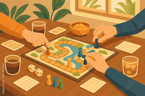 Cozy pieces colorful coming vector game sunlight environment score snacks night tokens