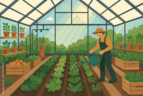 Irrigation glory herbs simple crates panels greenhouse system glass illustration vector watering