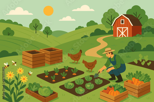 Organic plots illustration farm bees vector crates barn vegetable landscape scene trees