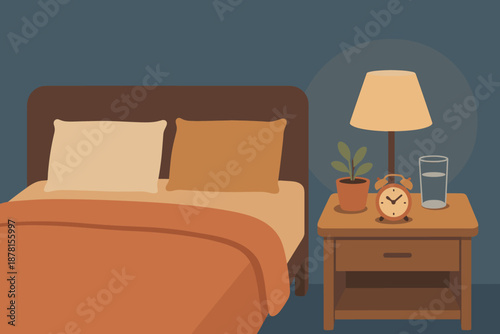 Sleep illustration flat plant cozy layout alarm nightstand environment minimalist small vector