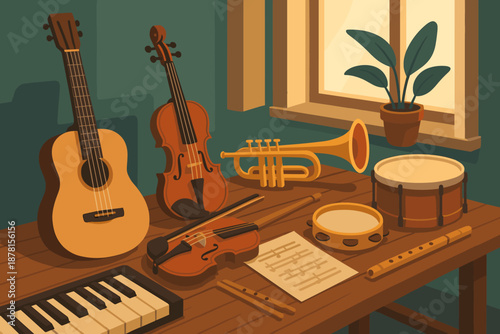 Instrument wooden window drums vector tambourine musical instruments nearby medley trumpet illustration