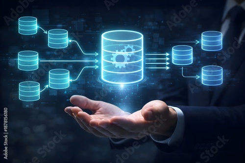Data warehouse. Integrated database for business data analysis. Businessman leveraging business intelligence on laptop computer.
