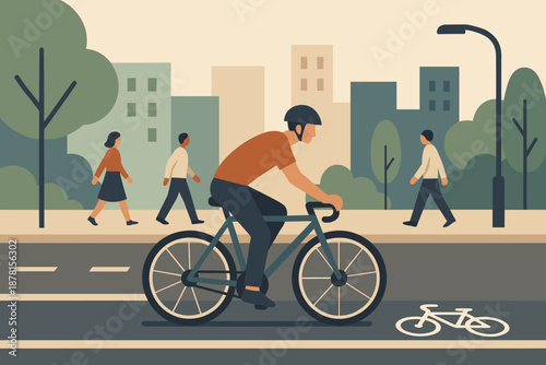 Cyclist streetlights composition urban bike riding pedestrians scene minimalist vector illustration lane