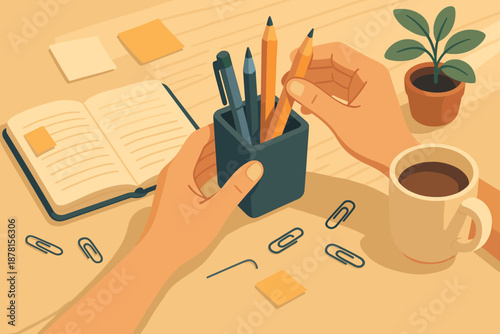 Illustration organized vector pencils small nearby hands arranging cup paper scene attached